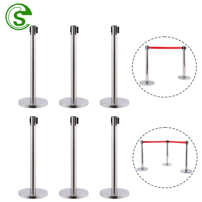Factory Price Metal Rubber Base Stainless Steel Retractable Barrier Queue Belt Pole for Airport/Bank/Post