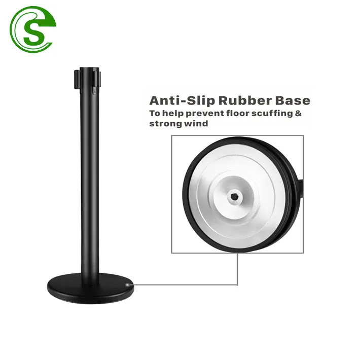 Factory Price Metal Rubber Base Stainless Steel Retractable Barrier Queue Belt Pole for Airport/Bank/Post