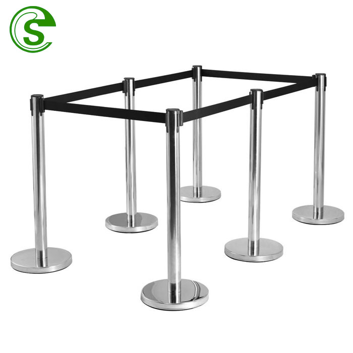 Factory Price Metal Rubber Base Stainless Steel Retractable Barrier Queue Belt Pole for Airport/Bank/Post
