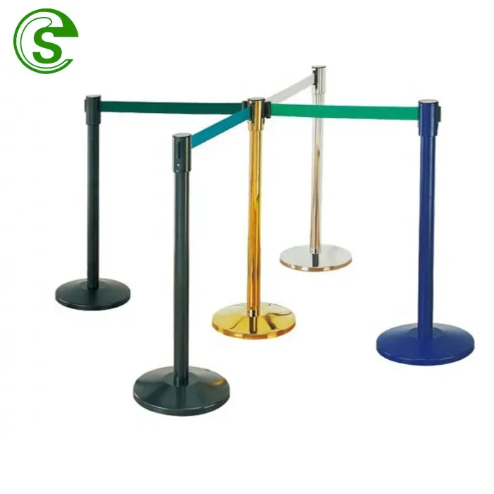 Factory Price Metal Rubber Base Stainless Steel Retractable Barrier Queue Belt Pole for Airport/Bank/Post