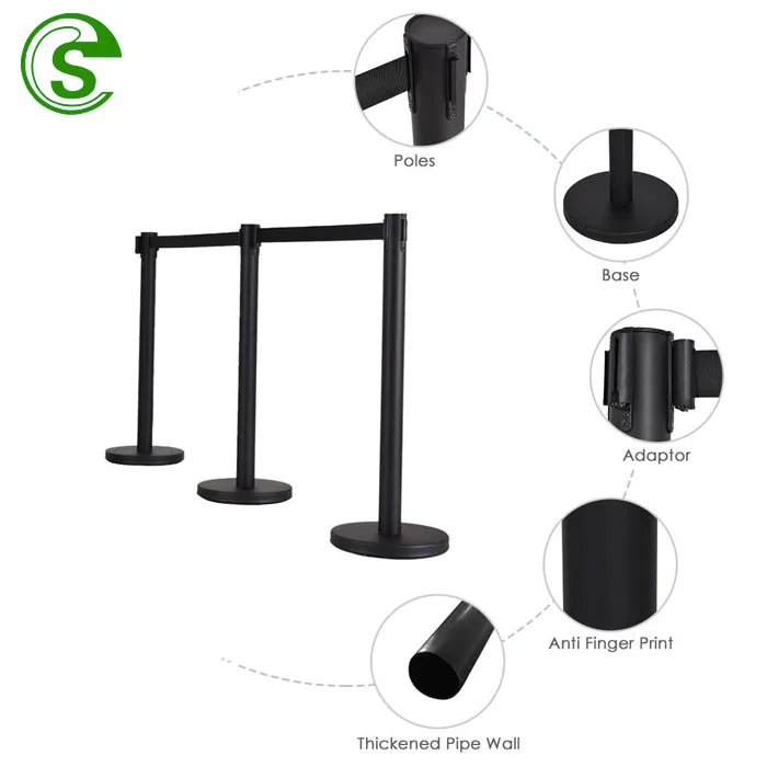 Factory Price Metal Rubber Base Stainless Steel Retractable Barrier Queue Belt Pole for Airport/Bank/Post