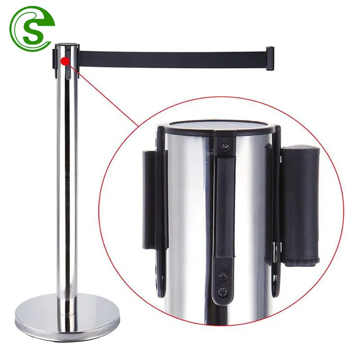 Factory Price Metal Rubber Base Stainless Steel Retractable Barrier Queue Belt Pole for Airport/Bank/Post