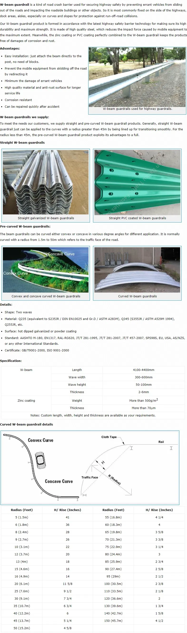 Q345 Steel W Beam Guardrail Crash Barrier Chinese Manufacturer